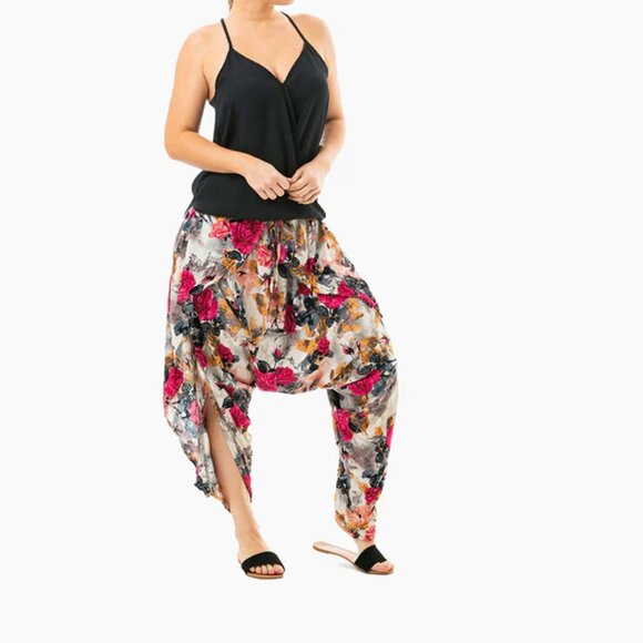 Flap Harem Pant Open Side Tasseled Drawstring Yoga Travel Beach Floral Pink Kira - Picture 11 of 12